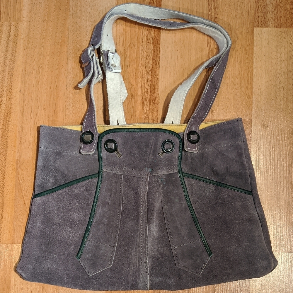 Hand Crafted Out Of Lederhosen, Green and Gray Shoulder Bag with Suede Texture